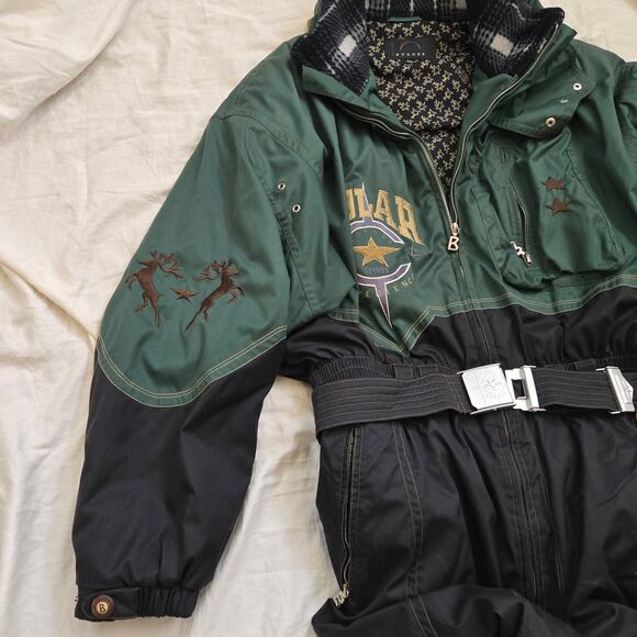Vintage Bogner Sports One Piece Ski Suit Size 42 Green Black Hidden Hood Belted - Picture 2 of 16